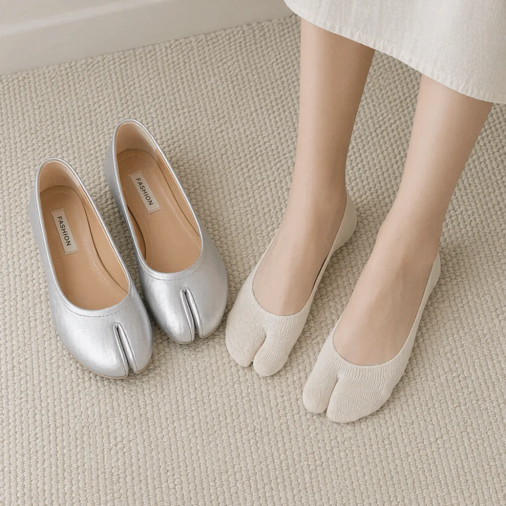 1 Pair Shoe Liner Cotton Blend Two Toe Socks Breathable Low Cut Split Toe Liners Colorful Non Slip Heel No Show Socks Daily Wear
