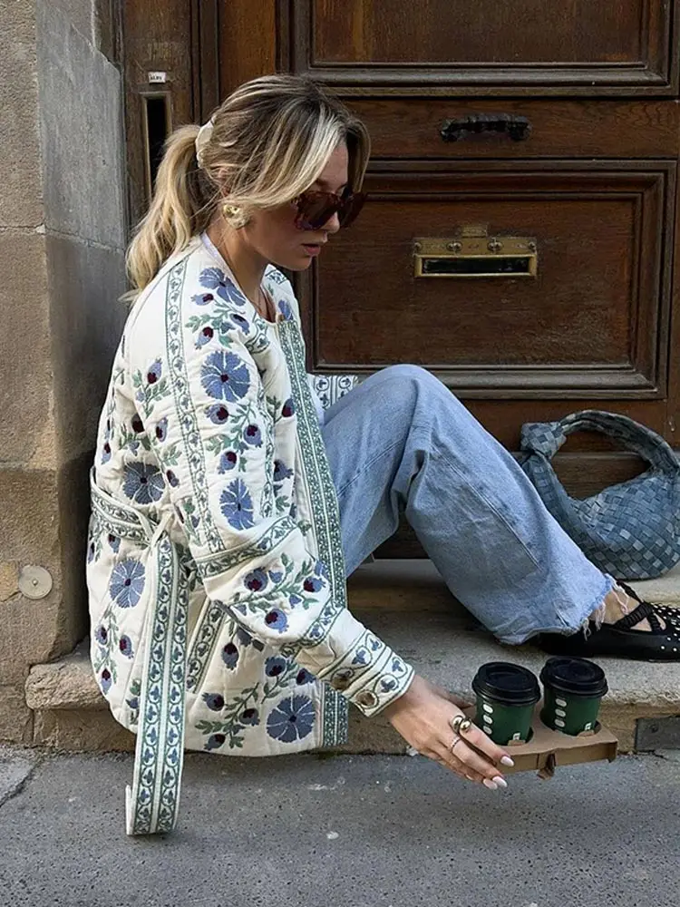 Abrigo de algodón con estampado Floral y cinturón para mujer, chaqueta de manga larga con cuello redondo, botonadura única, ropa de calle cálida e