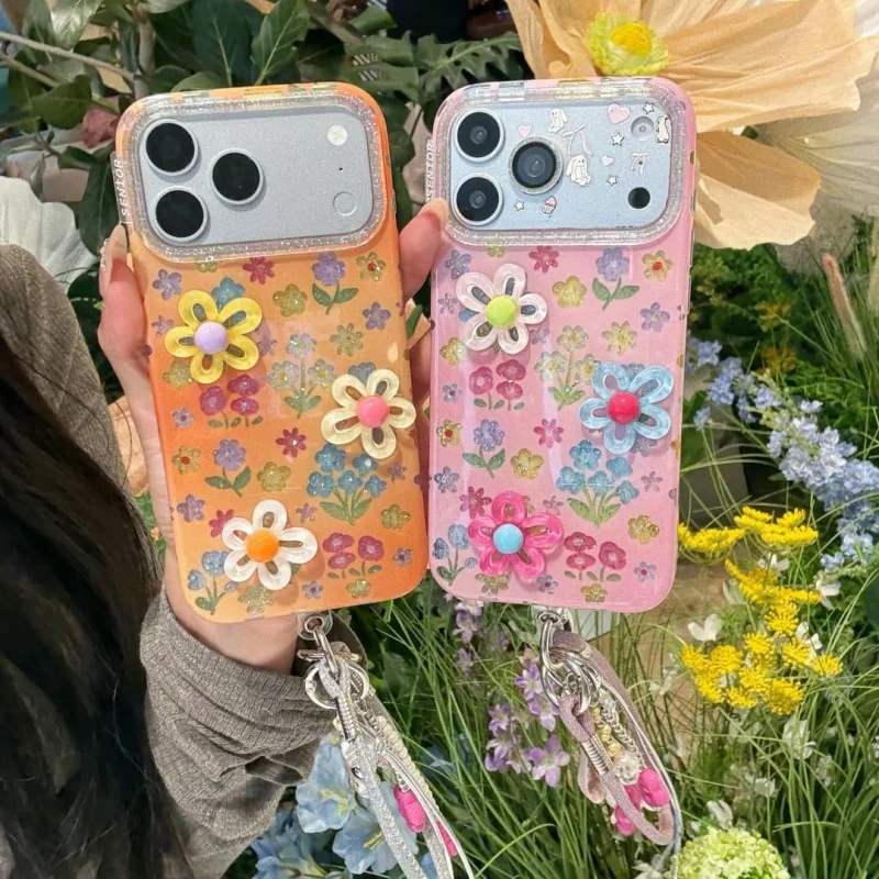 

Korean Glitter 3D Color Flower Pattern Phone Case For iPhone 15 Pro 16 17 Pro Max Cover with Pendant Hand Rope Cute Cases For Gi
