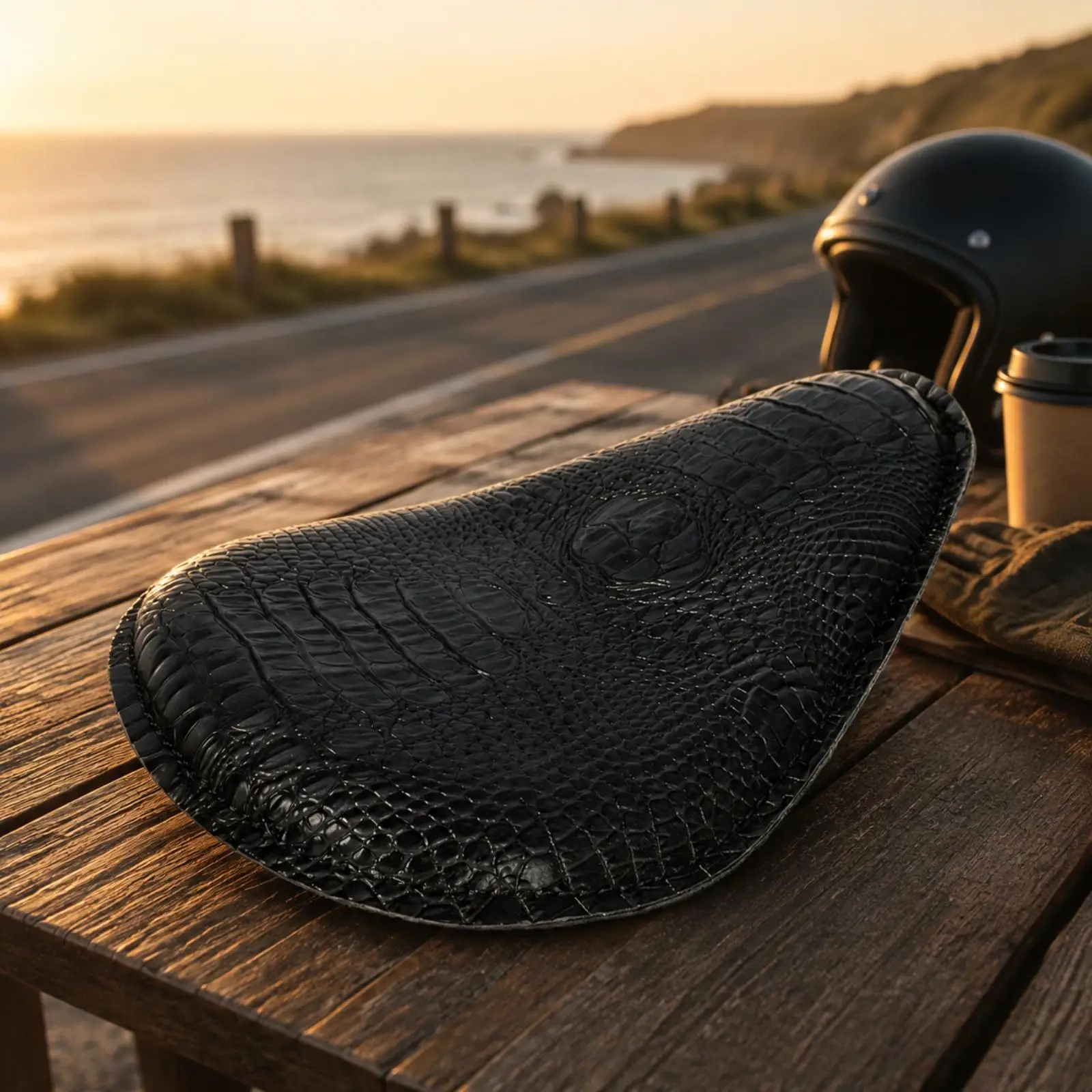 Contoured Single Seat with Embossed Scale Panels Padded Crocodile-Pattern Leather Saddle Comfortable Custom Motorcycle Seat