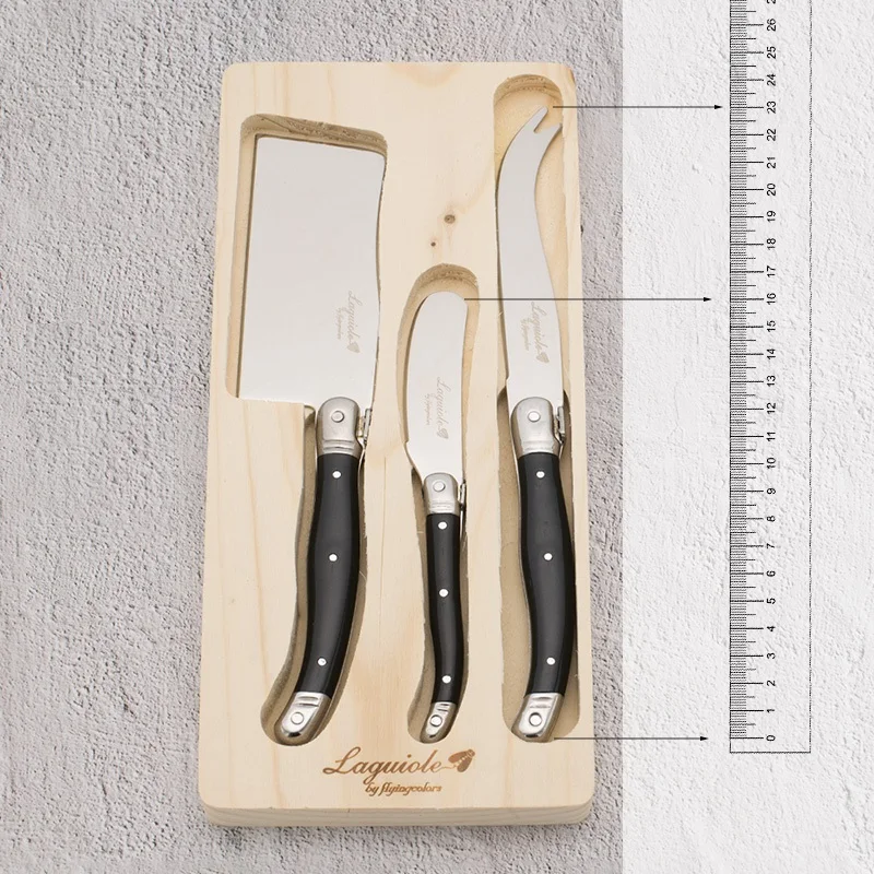 Laguiole-Juego de cuchillos para queso arcoíris, 3 uds., cuchillo para queso de acero inoxidable, cortador de mantequilla, esparcidor en soporte de madera, accesorios de cocina