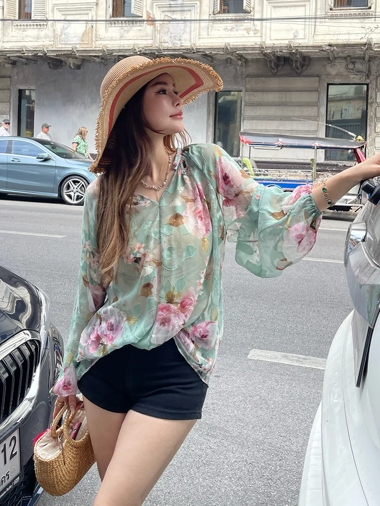 

Original Design Spring New Sle Floral Print Versatile irt Women's Loose Fit Long Sve round Ne UV Protection Casual S...