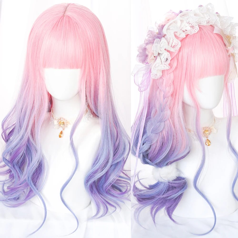 GAKA Long Wavy Synthetic Hair Pink Gradient Blue/Purple Cosplay Wig With Bangs For Women