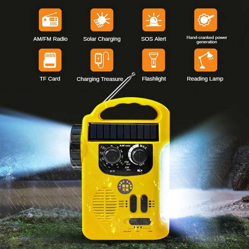 Radio de emergencia con manivela de bolsillo, Radio Solar AM/FM de 1200Mah con linterna LED, alarma SOS para acampar y aventuras al aire libre