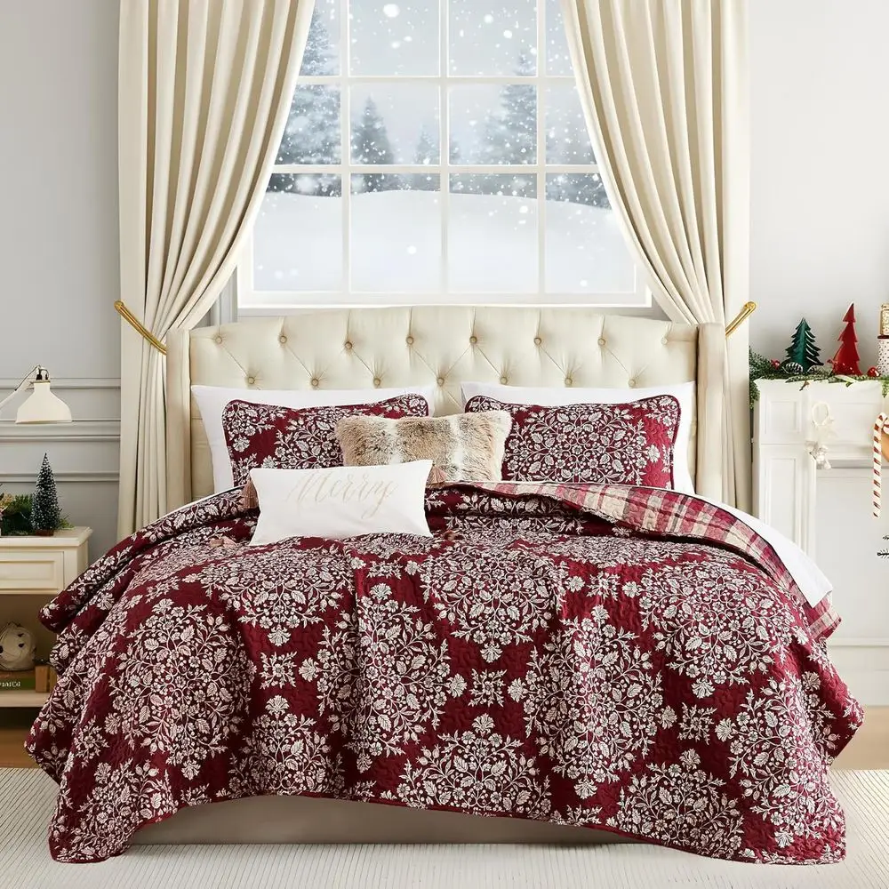 Chrisas Quilt, King Size/Cal King with 5 Pillow Shams & 1 Throw Pillow, Reversible Coverlet, King Size Plaid day Bedding Set - C
