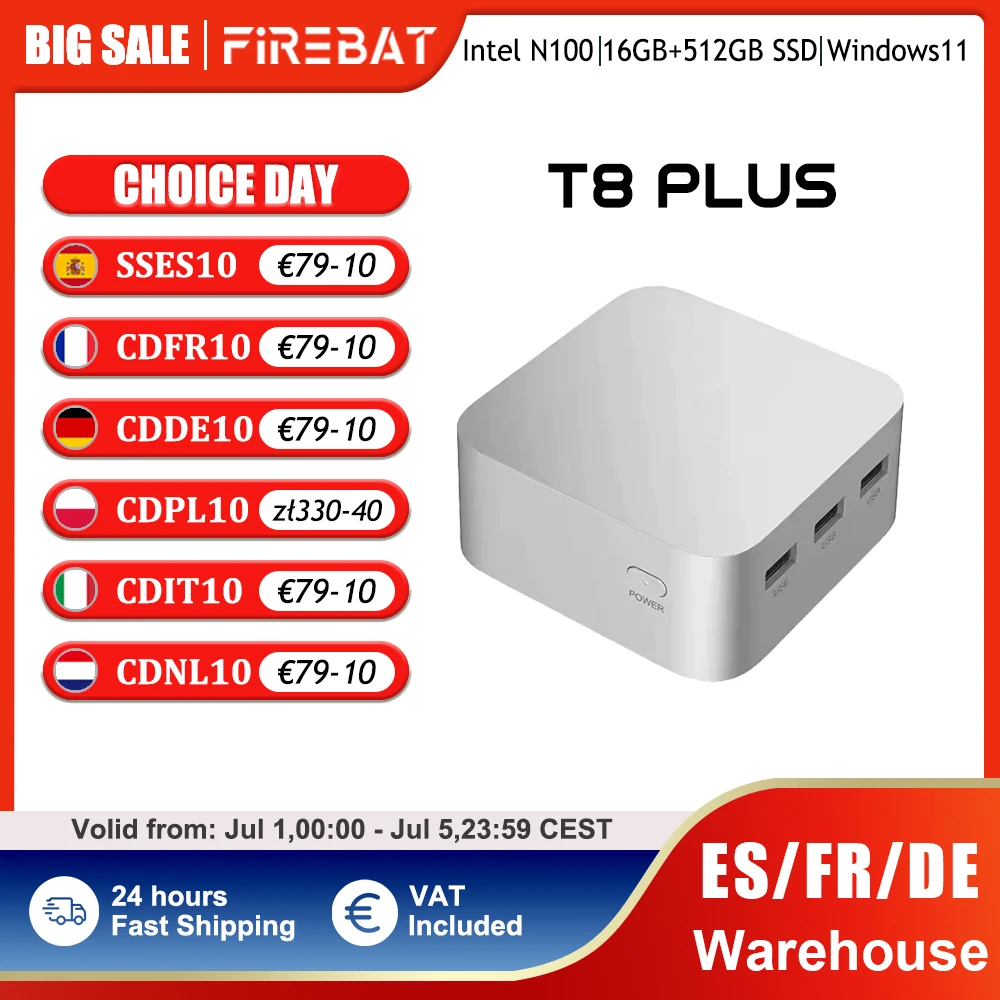 FIREBAT T8 PLUS Mini PC Gamer Intel N100 CPU Windows 11 Mini PC Gaming DDR5 16GB RAM 512GB SSD NVME M2 WIFI5 BT4.2 escritorio