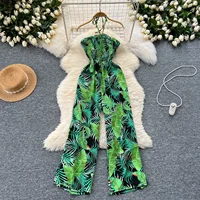 2024 New Summer Sexy Bohemian Leaf Print Jumpsuits Women Sleeveless Sexy Long Jumpsuit Mujer Casual Holiday Beach Rompers - Image 3