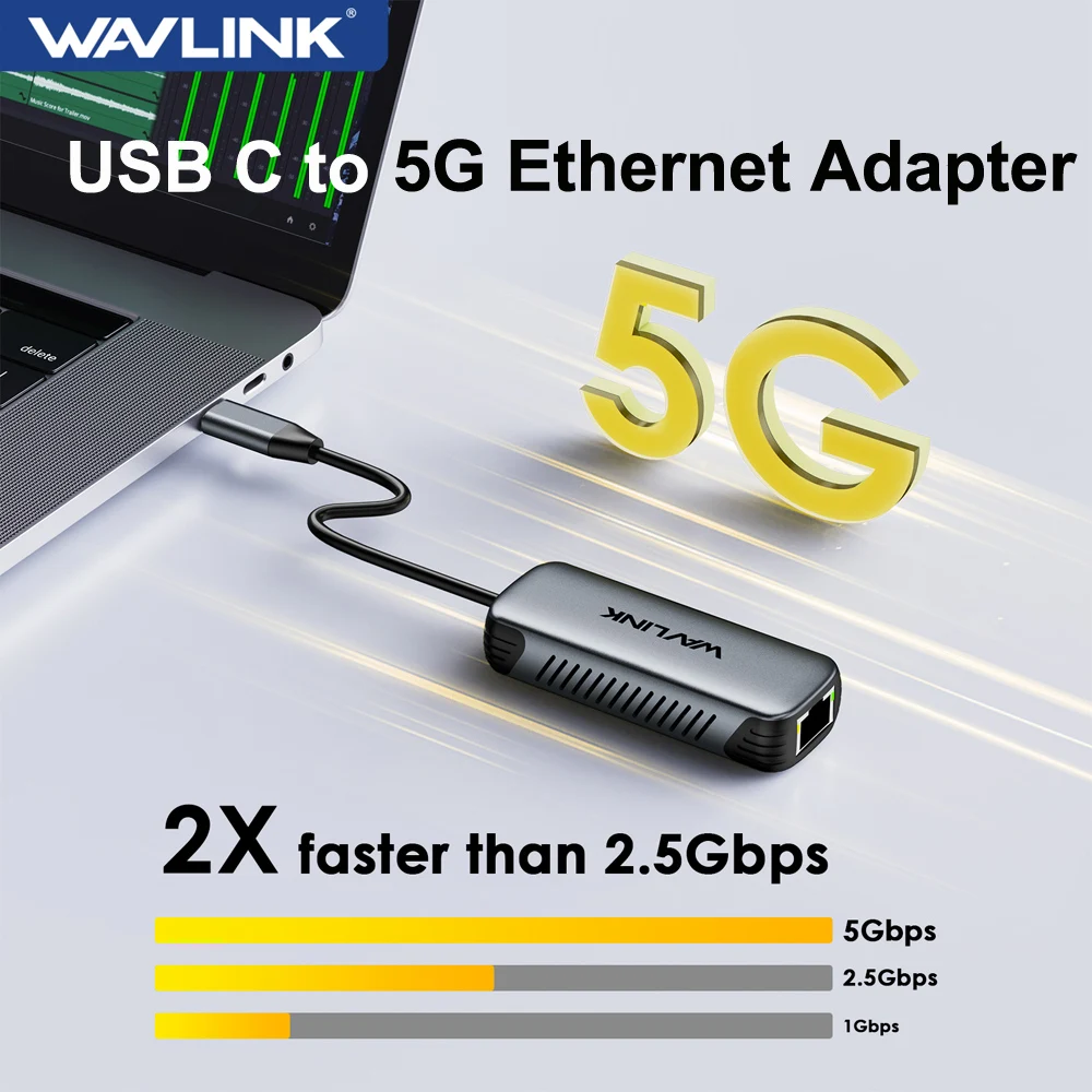 WAVLINK-Adaptador USB C a Ethernet 2,5G/5gbps RJ45 Gigabit, convertidor de red Ethernet USB 3,0 para ordenador portátil Windows 10/11