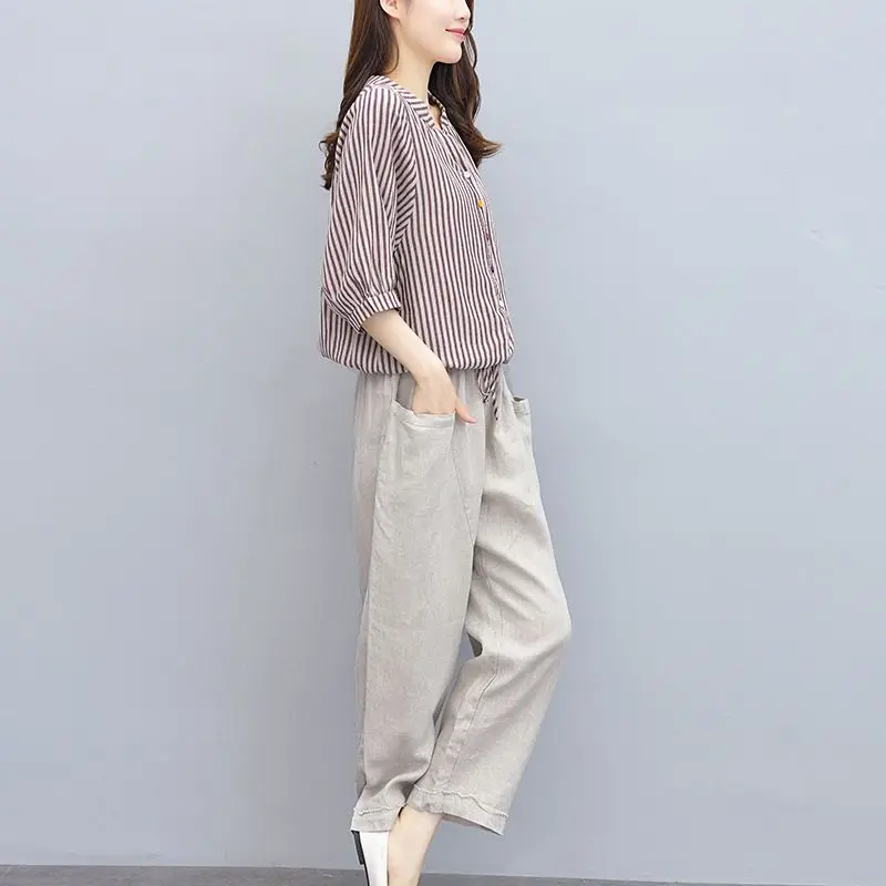 Elegant Fashion Harajuku Slim Fit Female Clothes Sets Loose Casual All Match Patchwork Button Tops Solid Trousers Two Piece Set