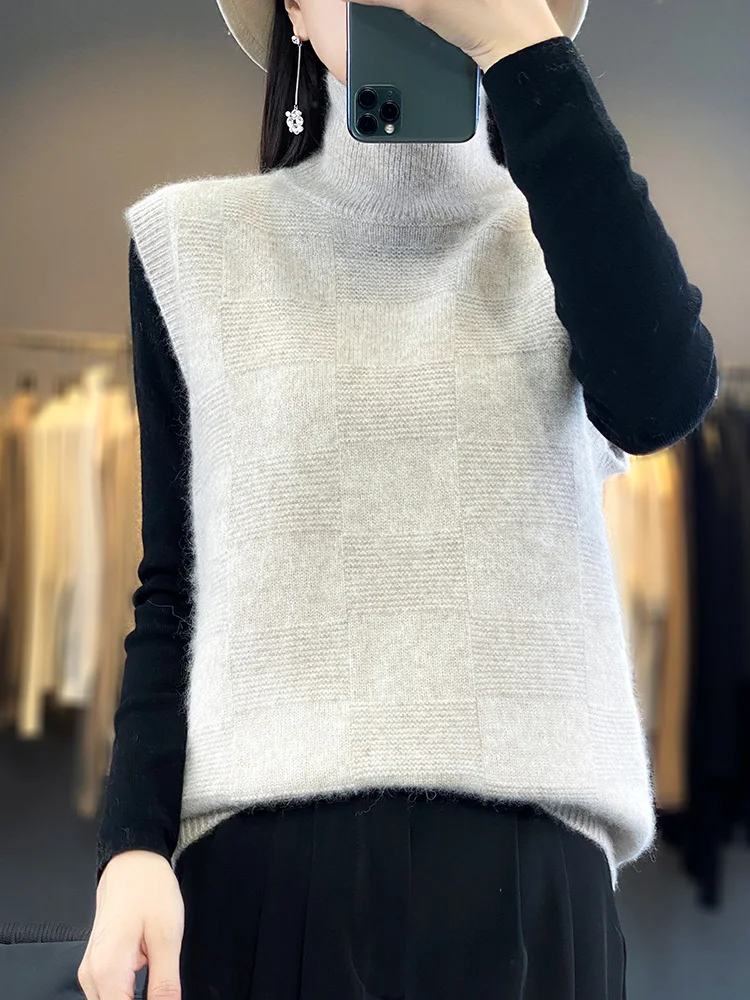 Autumn Winter Sleeveless Turtleneck Pullover Women Sweater 100% Mink Cashmere Basic Soft Jumper Knitwear 2024 New Fashion Tops