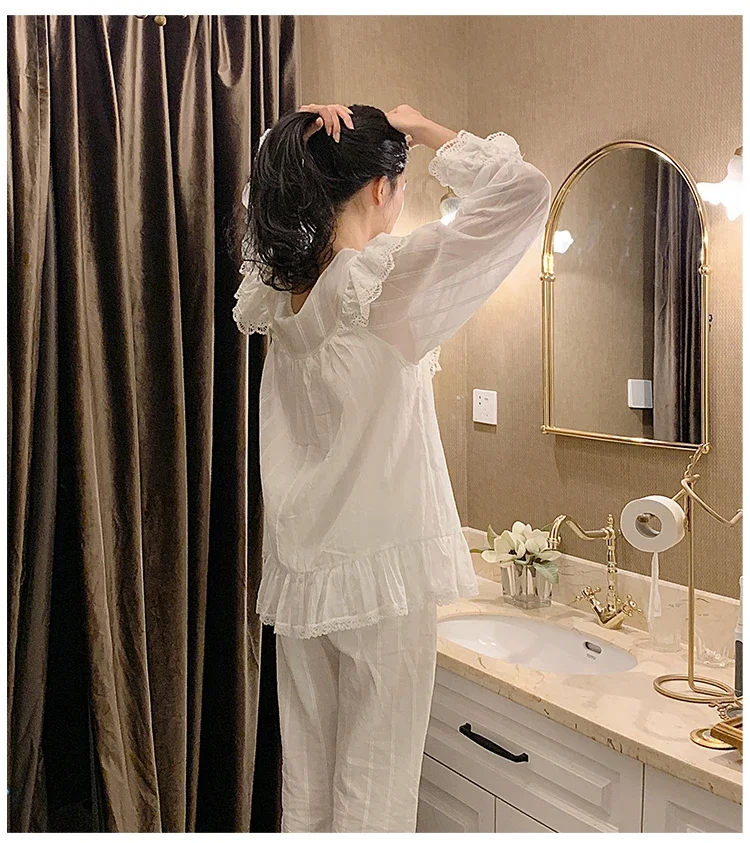 Women\'s Lolita Princess V neck Pajama Sets.Ruffle Lace Tops+Long Pants.Vintage Ladies Girl\'s Pyjamas Set.Sleepwear Loungewear