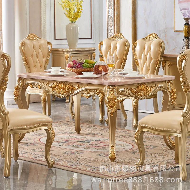 Factory direct sales European all-solid wood dining table noble gold diningtable marble surface long diningable onetable and