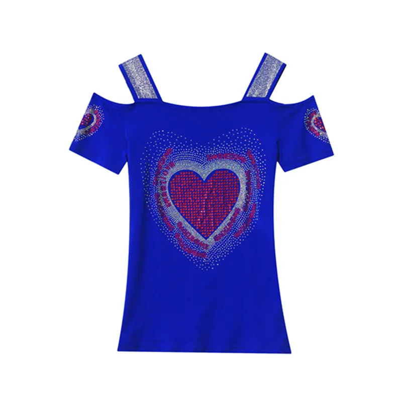 New 2024 Summer Short Sleeved Women\'s T-Shirt Elegant Slim Shiny Love Heart Diamonds Mesh Tops Chic Girl Sexy Off Shoulder Tees