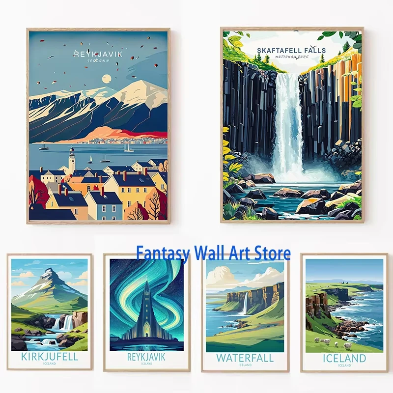 ICELAND путешествующий постер Исландии Fisk Kirkjufell Skaftafell Falls пейзаж холст живопись настенные панно путешествия декор