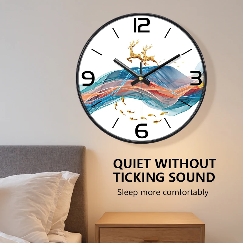 Modern Luxury Wall Clock Silent Quartz Clock Golden Deer & Fish Art Decor with Black Frame for Living Room Bedroom 8/10/12 inch