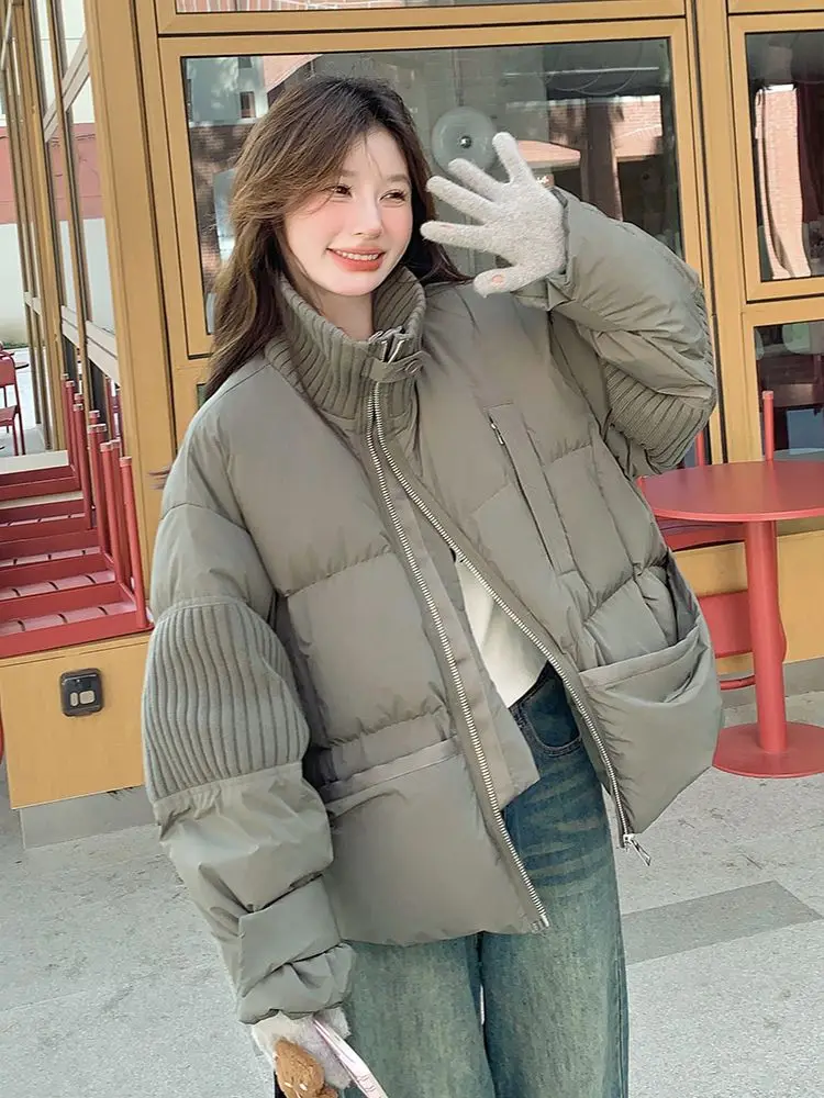 Plus Size Knitted Stitching Solid Color Cotton-padded Jacket Female Korean Thick Warm Cotton Coat