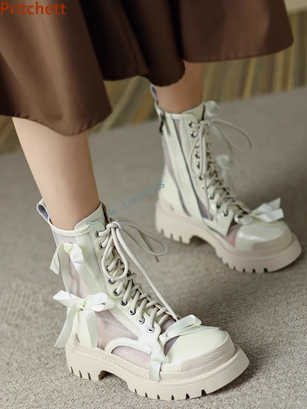 

Air Mesh Riband Boots Round Toe Chunky Heels Platform Bows Zipper Cross Tied Patchwork Shoes Summer Fashion Solid Ankle Boots