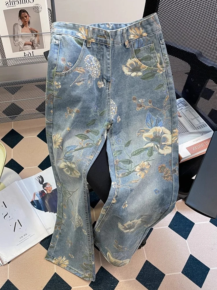 

Мужские джинсы в стиле ретро с принтом, весна 2025, новинка, с оригинальным дизайном, прямые, свободные, широкие штанины, повседневные длинные брюки
