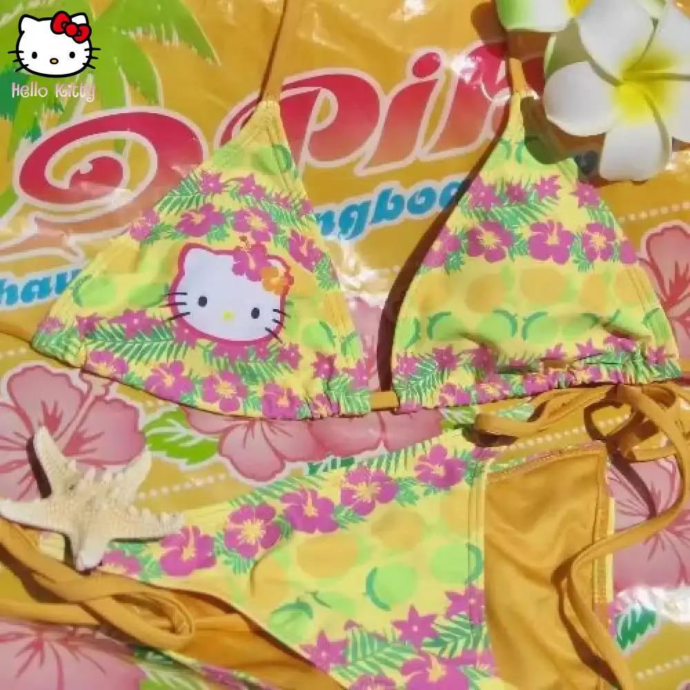 2 ชิ้น Y2K Hello Kitty Sanrio อะนิเมะสาวเซ็กซี่ร้อน Kitty ชุดชั้นใน Bra ผู้หญิงบิกินี่ชุดว่ายน้ํากางเกงชายหาดชายทะเลสปา