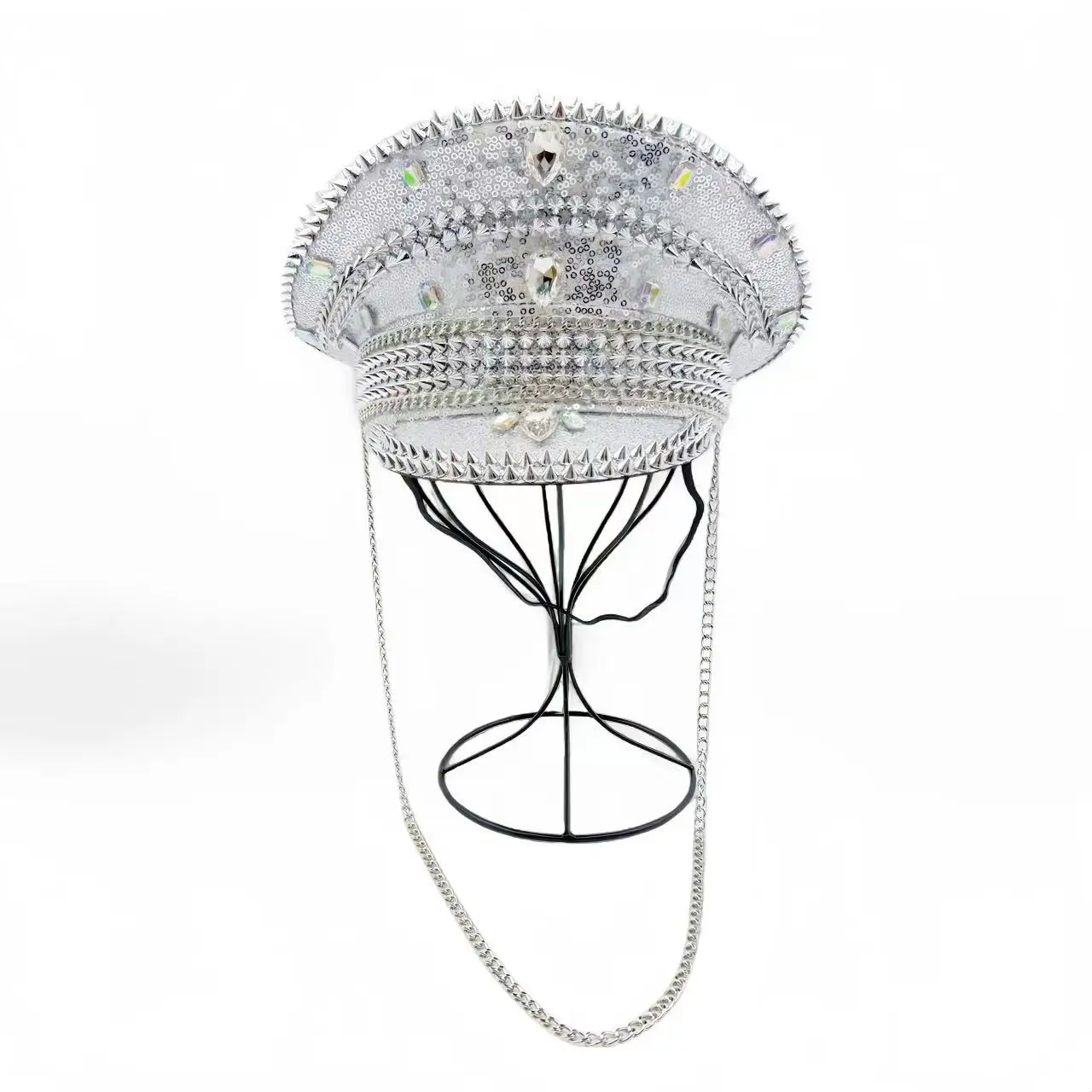 HongLuan قبعة كابتن بحلقة جلدية بالليزر الأصفر من حجر الراين وقبعات عسكرية للمرأة، وإكسسوارات المهرجانات الهذيان وقبعة الحفلات للرجال