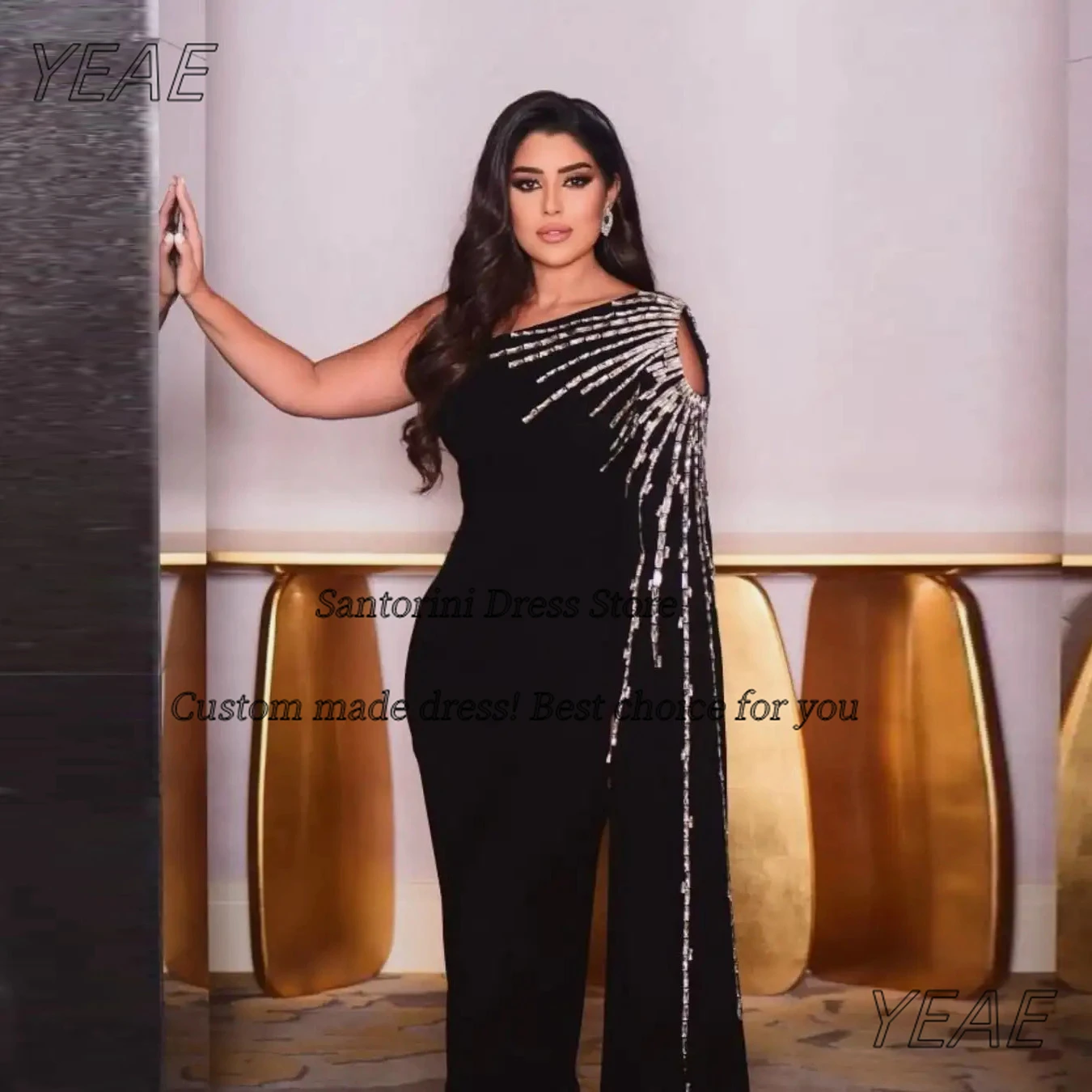 

Santorini Customized Keyhole One Shoulder Prom Dresses with Crystals Sleeves Vestidos Des Noches Black Long Elegant Evening Gown