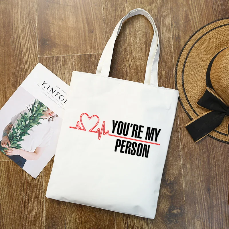 Greys Anatomy Cartoon You\'re My Person Doctor Canvas Women College Handbags Tote Bag Large Casual Fashion Shoulder Bags