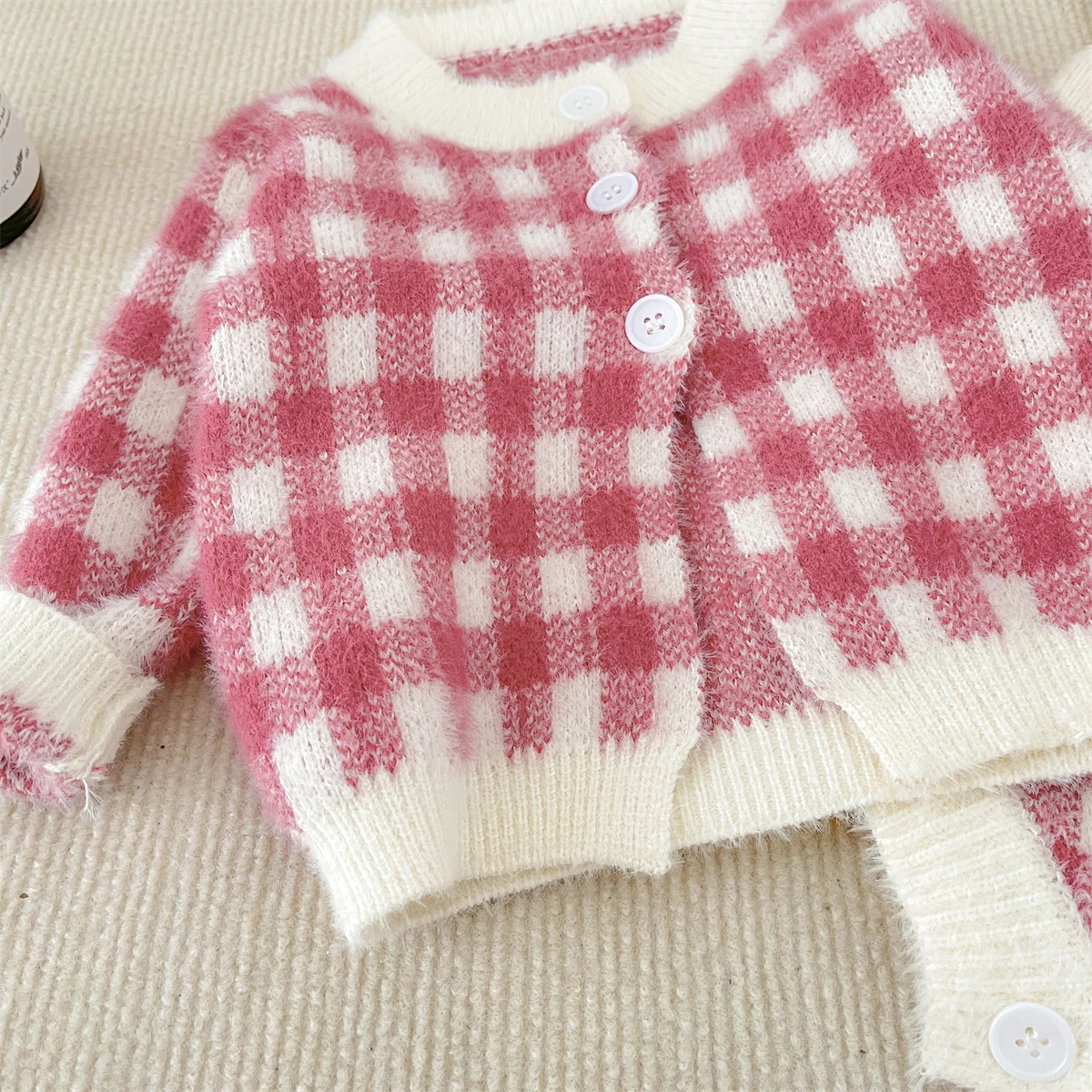 Spring And Autumn Newborn Baby Girls Coat Bodysuits Set Romper Plaid Outfits Long Sleeved Knitted Korean Fashion Soft Casual