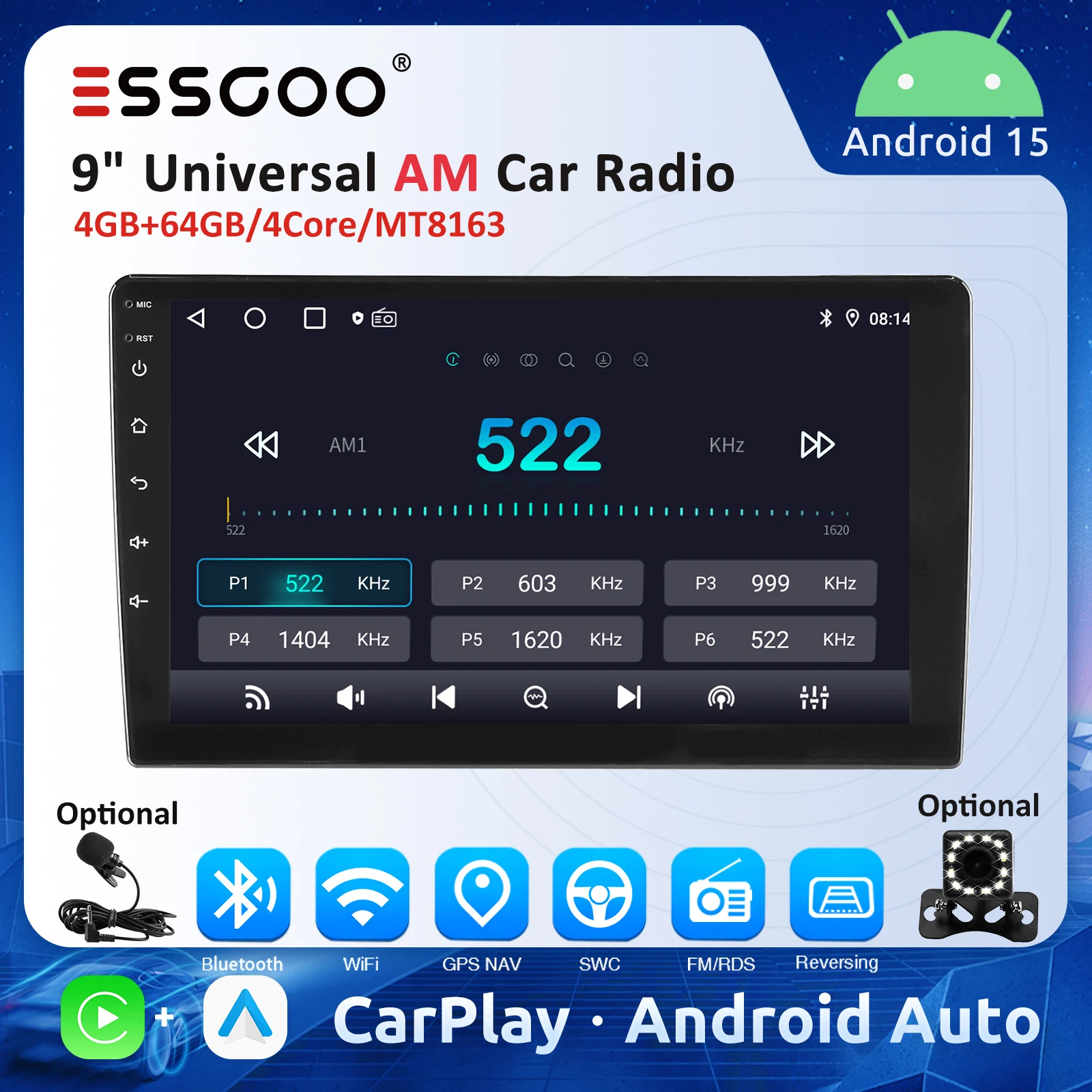 

ESSGOO 9" Carplay Android Auto Car Radio AM 522~1629 kHz 2Din Android 4G 64G Universal Multimedia Player Autoradio Stereo GPS