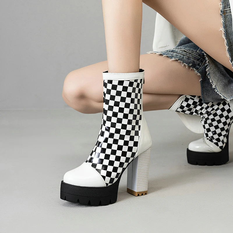 Plus Size 47 48 Checker Designer Women Shoes White Black Contrast Color Round Toe Platform Block High Heels Modern Boots Lady