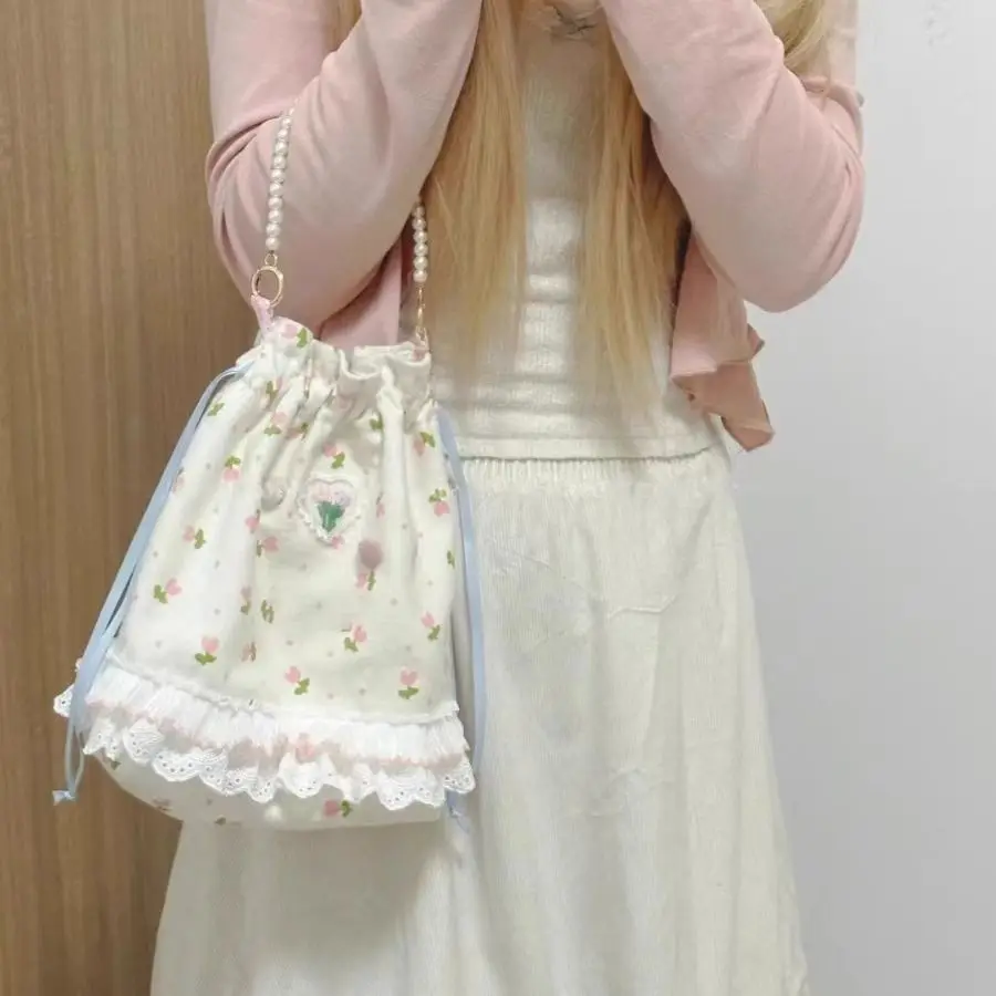 Miyagawa 2024 nuova borsa di tela floreale coreano Design di nicchia borsa con coulisse di perle causale dolce Versatile borse a secchiello