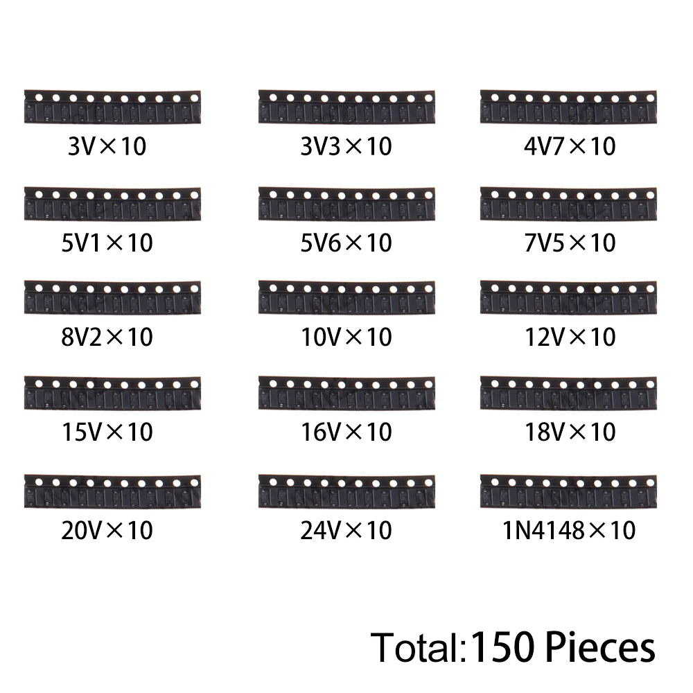 150PCS 10V 15V 20V 24V 15Values 0.5W Zener Diode Kit 3V-24V 1N4148 SOD123 for Voltage Regulation Projects  3V  3V3 4V7 5V1