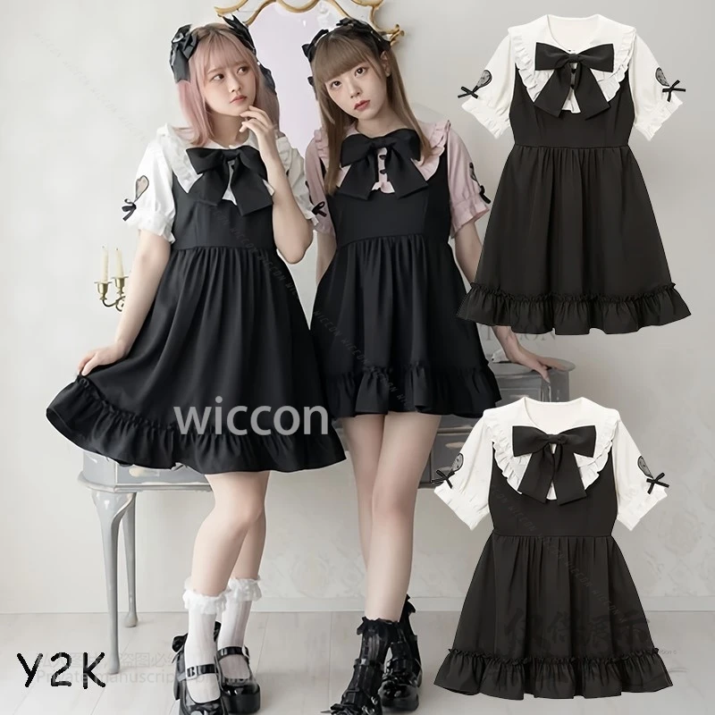 jirai-kei-–-robe-d'ete-a-col-de-poupee-style-japonais-bord-y2k-grand-nœud-douce-et-mignonne-couleur-pour-femmes-et-filles-robe-a-manches-courtes-faite-a-la-main-nouvelle-collection