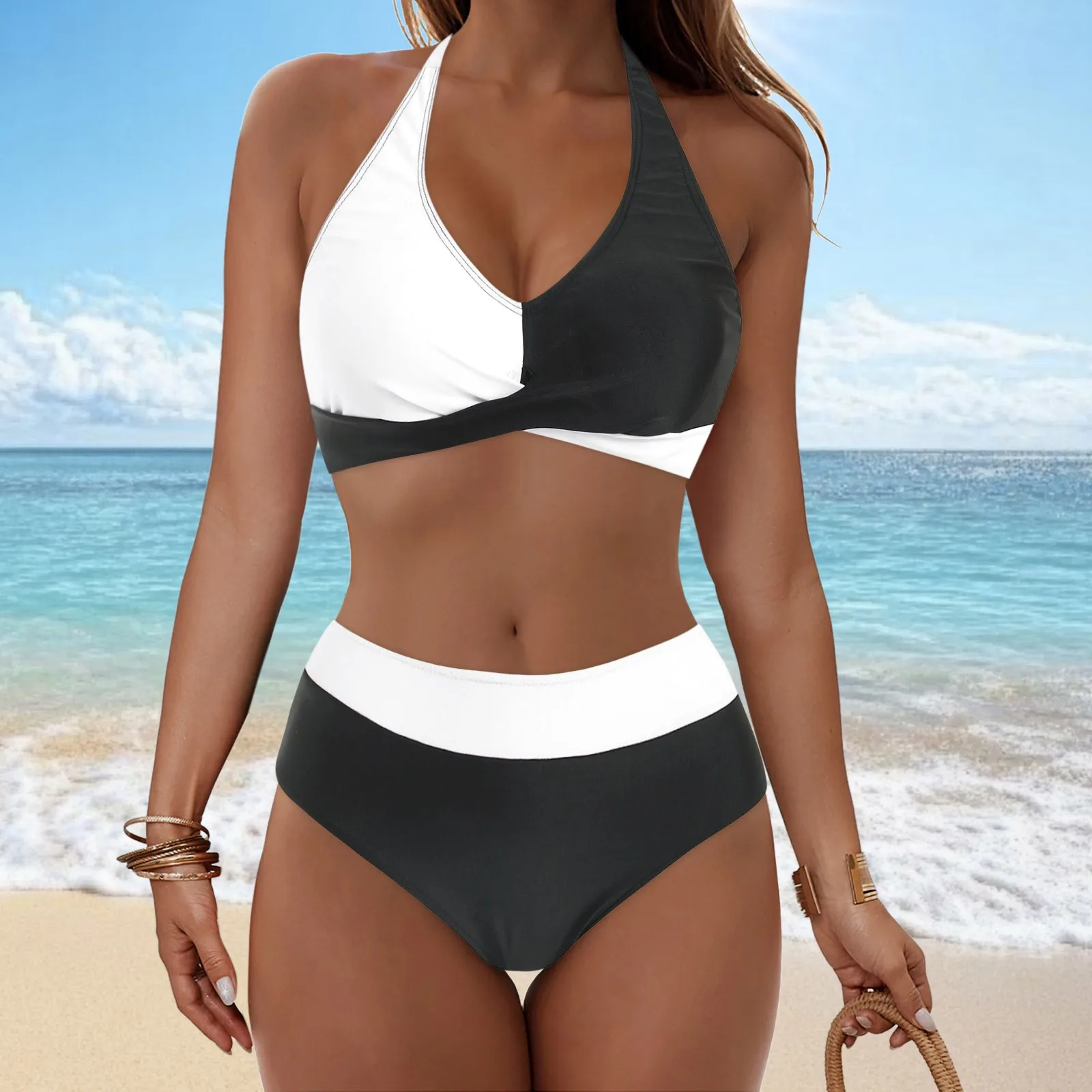 

Women'S High Waisted Bikini Sets Abdominal Shaping Swimsuits Two Piece Bathing Suits Color Block Neck Strap Bikini Beachwear