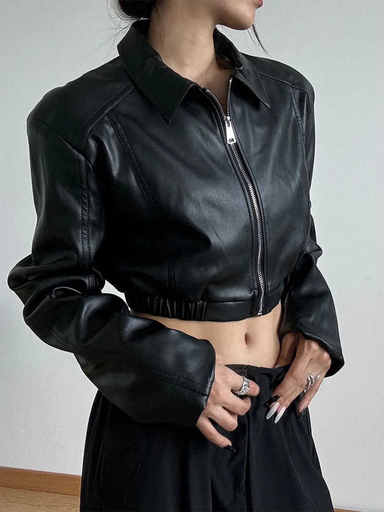 Vintage Women's Cropped Faux Leather Jacket Stand Collar Balloon Sleeve Biker Style PU Leather Coat Streetwear Fashion Outfit