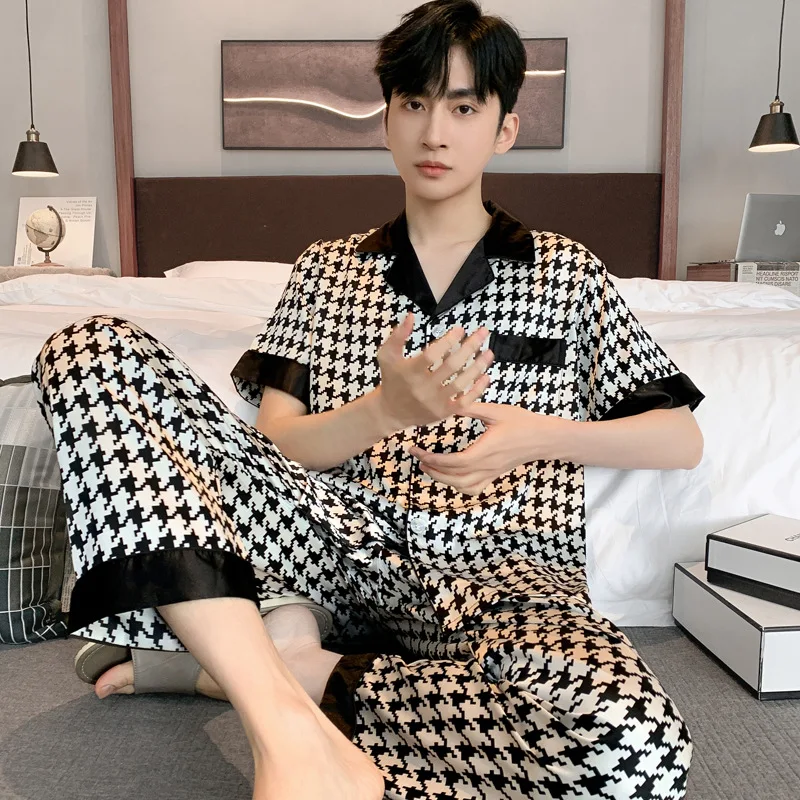 Design Houndstooth Pajama Men Ice Silk Pyjama Set Youth Home Wear Teenager Night Clothes Long Sleeve Suit Sleepwear-Set Male