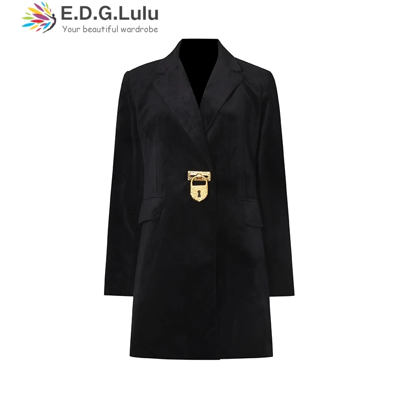 EDGLuLu ターンダウン襟メタルボタンブラックコート女性オフィスレディ長袖黒スリムフィットブレザーコート 1111