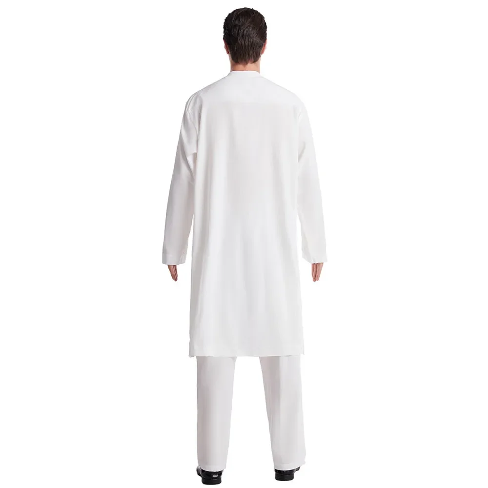 Men Saudi Jubba Thobe Thoub Kaftan Dubai Arabic Islamic Muslim Robe Long Pants Set Abaya Dress Dishdasha Mens Clothing Suit