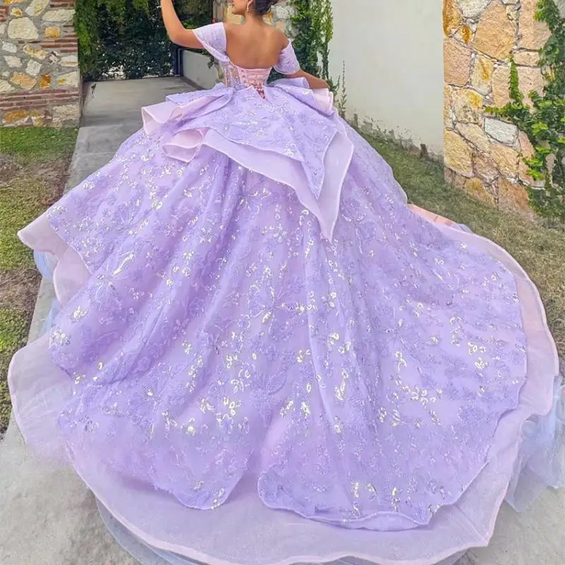 Personalizado roxo quinceanera vestidos trem destacável borboletas apliques rendas aniversário grânulo vestido de baile vestidos de 15 anos