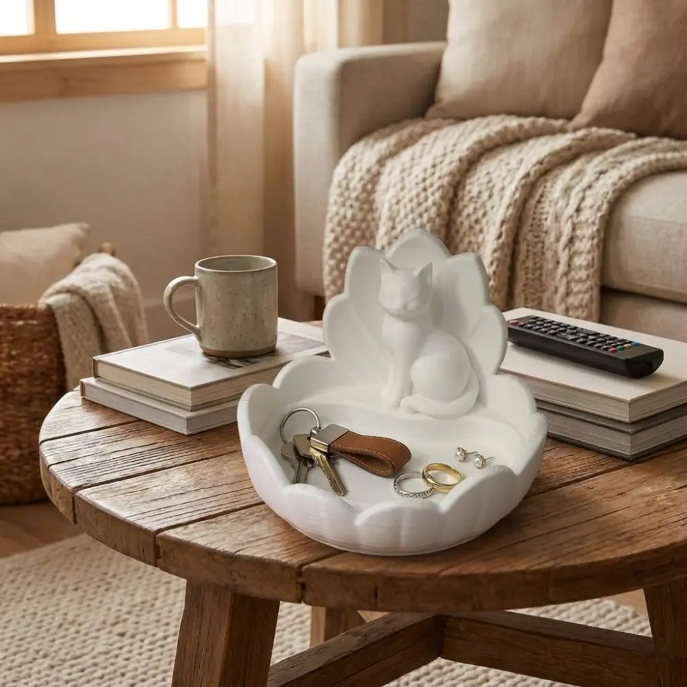 Cute Lotus Cat Jewelry Storage Tray Lotus-Shaped 3D Printed Cosmetic Storage Dish Stable Base Plastic Desktop Organizer Bathroom