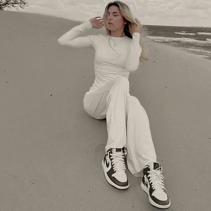 Lässiges, einfarbiges Rundhals-Langarm-Patchwork-Set, lässiges Basic-Western-Hosen-Set, Rundhalsausschnitt, langärmeliges Oberteil, modisches Spor