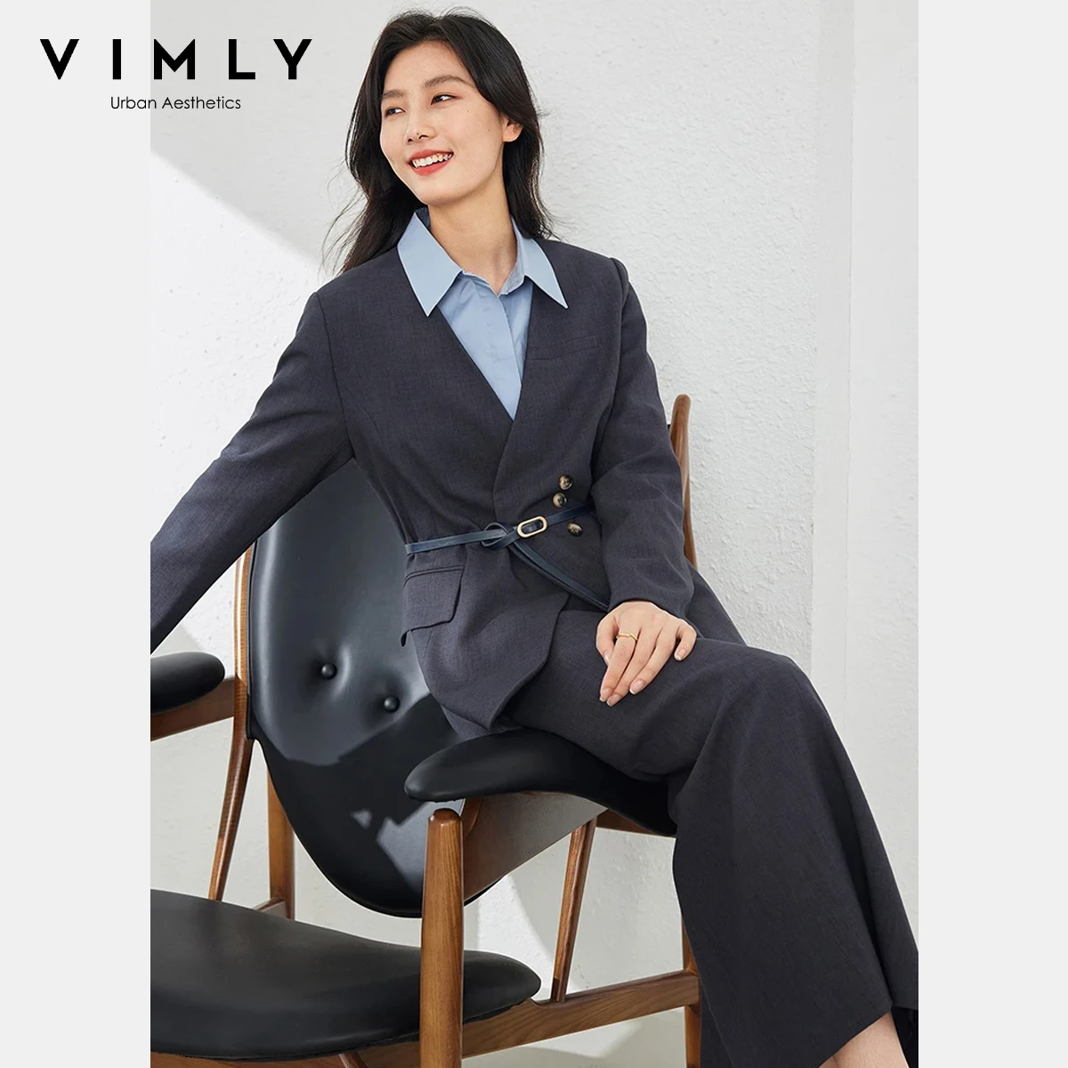 

VIMLY Women's Fashion Suit Skirt Set 2025 Autumn New V-neck Loose Fit Blazer High-Waisted Straight Skirts Two Piece Sets M8863