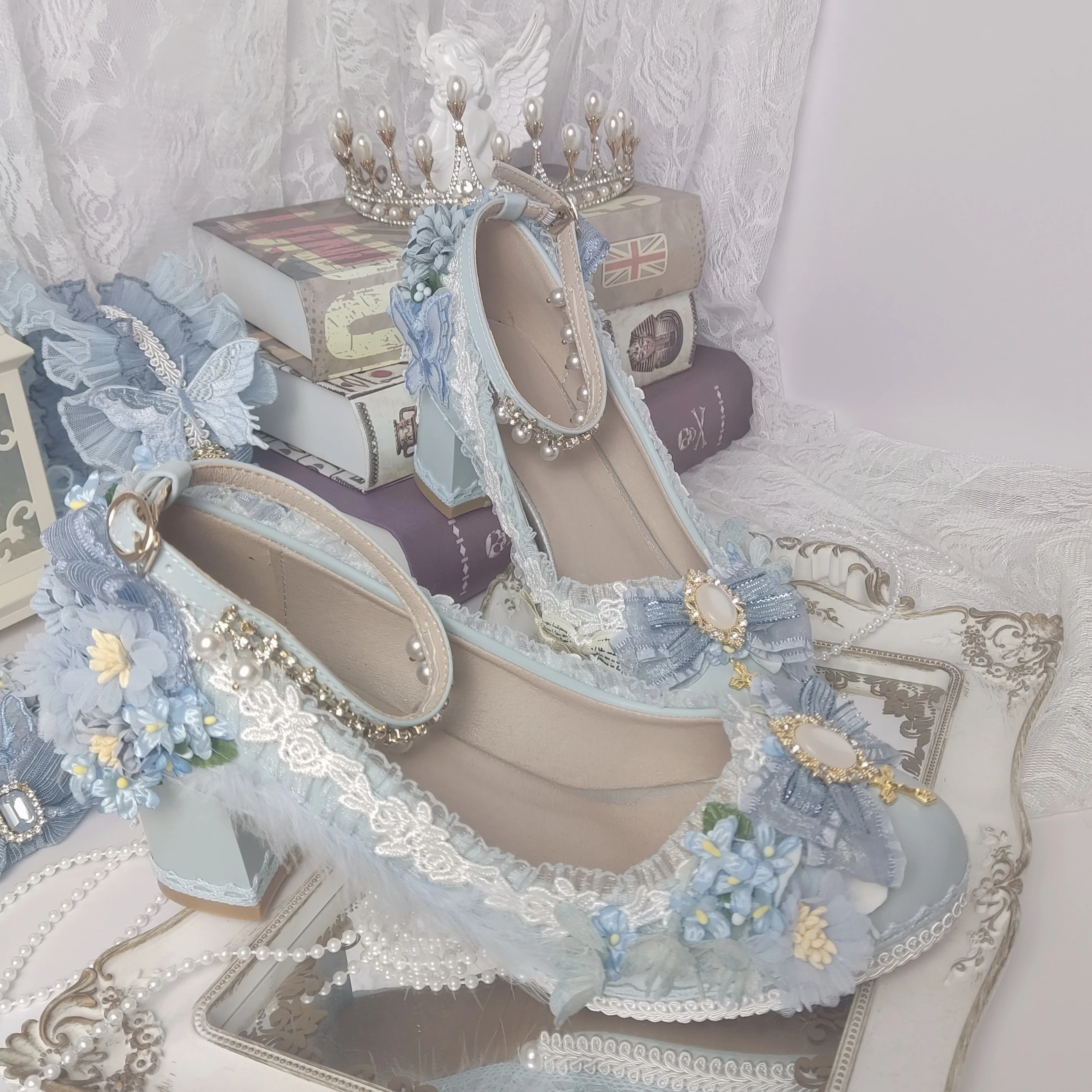 Lolita Handmade Gorgeous High Heels Wedding Shoes Tea Party Blue Style