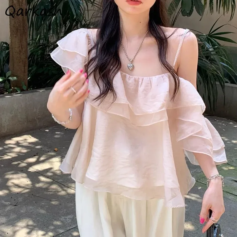 

Blouses Women Ruffles Gentle Off Shoulder Korean Fashion Summer Breathable Loose Elegant Thin Female Popular Simple Office Lady