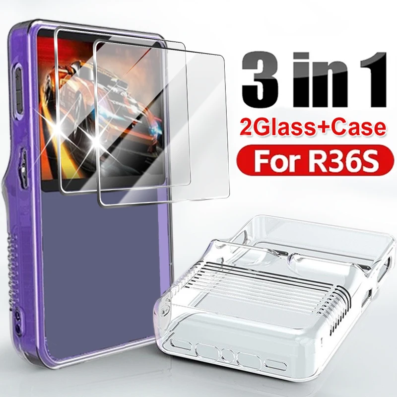 

Transparent Glass+Case for R36S Game Console Screen Protector Kit Soft TPU Case With Anti Scratch Tempered Glass Films for R36S