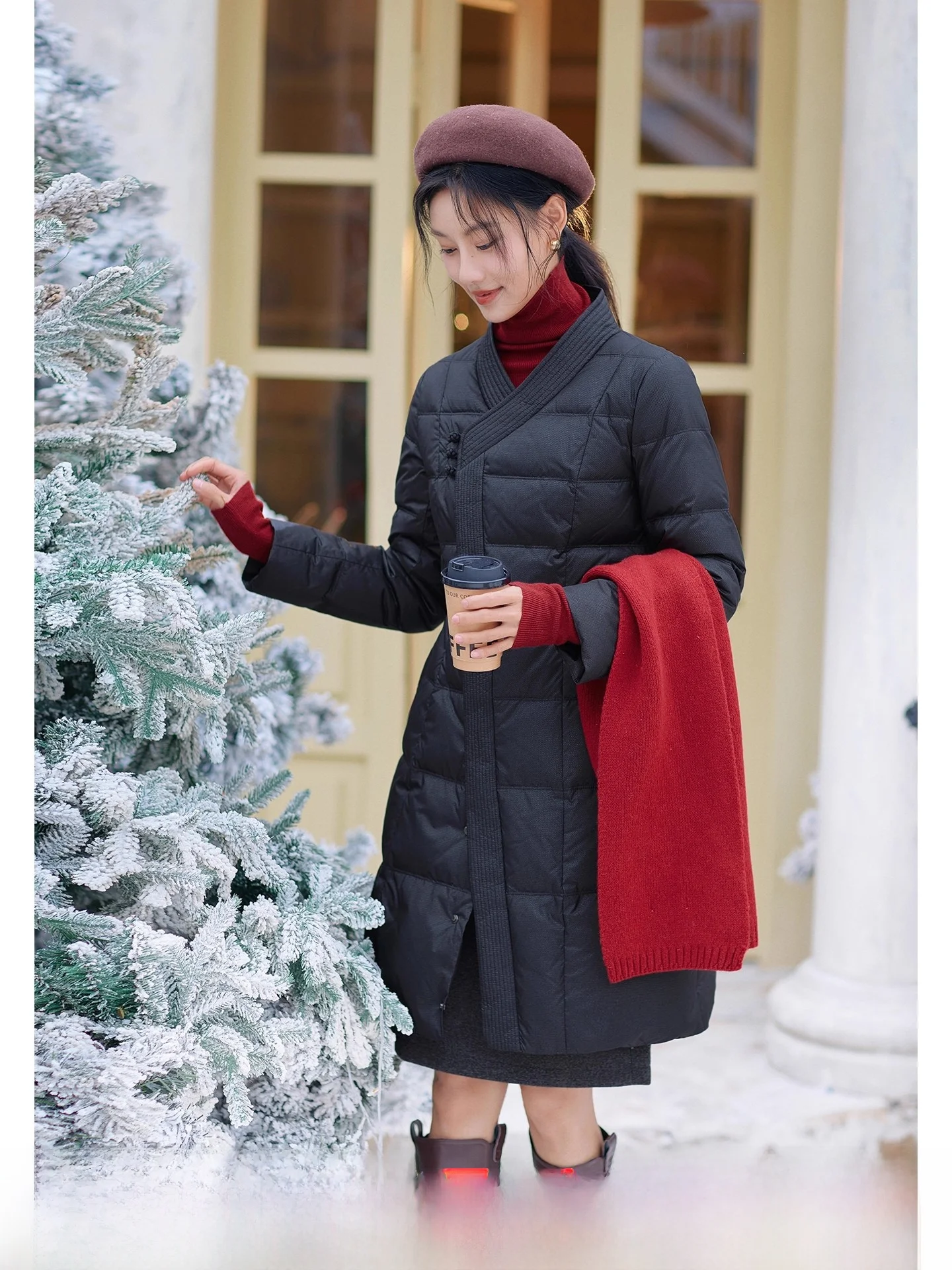 

Red Tead Bla Du down Jaet Women's Mid-Length Design Winter Outerwear Coat Sli 2025 New Arrival Warmth V-Ne