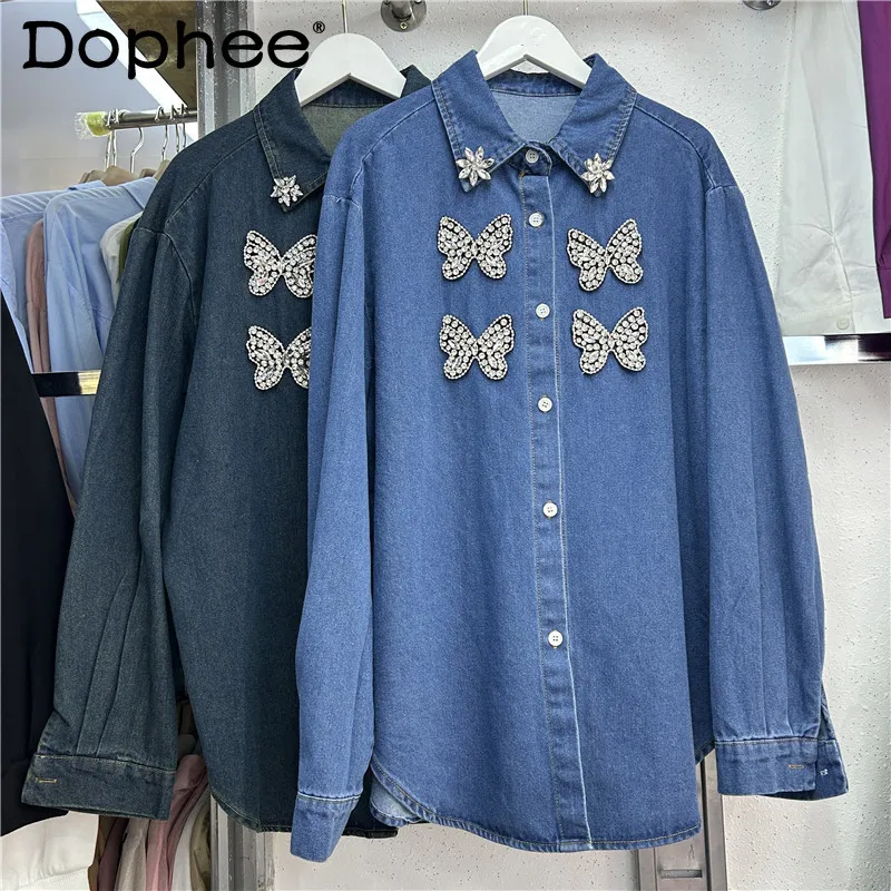 2025 Early Spring New Denim Heavy Industry Butterfly Diamond Loose Jacket Versatile Casual Street Fashion Tops Women Shirt