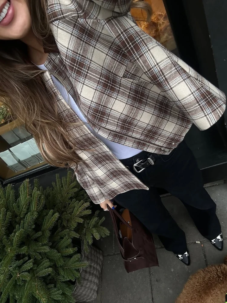 Panelled Plaid Turn-Down Collar Jackets Women Casual Loose Long Sleeve Short Jacket Female 2025 Spring Temperament Outwear Tops