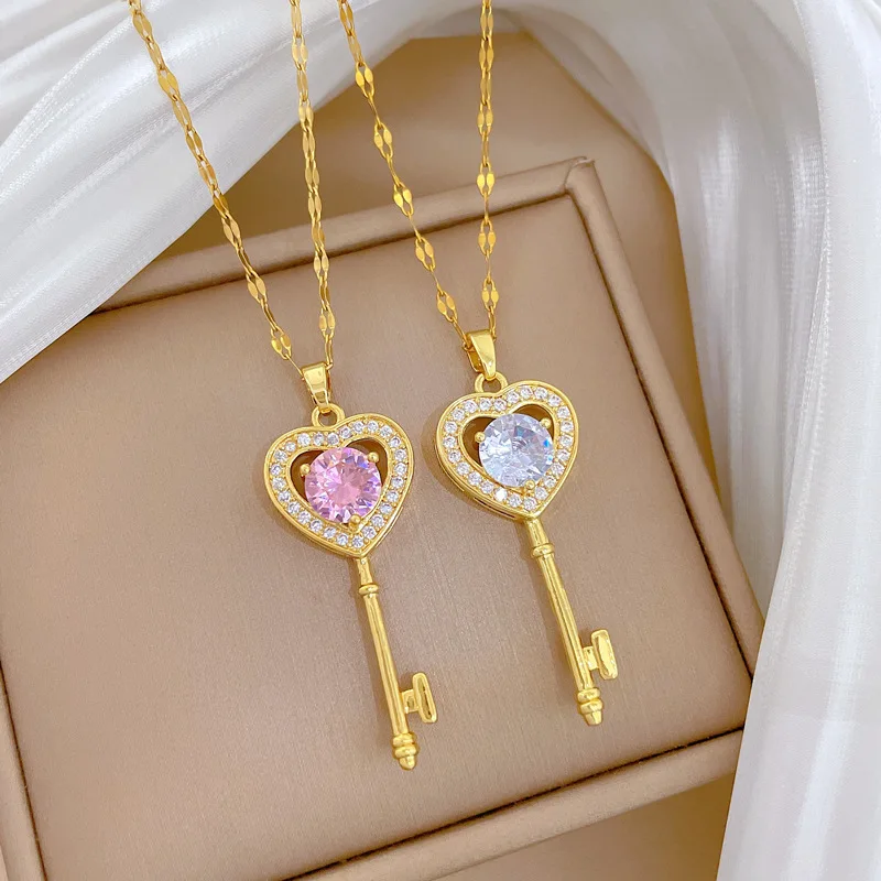 

Full Zircon Rhinestone Love Key For Women Lover Luxury Titanium Steel Gold Color Couple Gift Fashion Jewelry