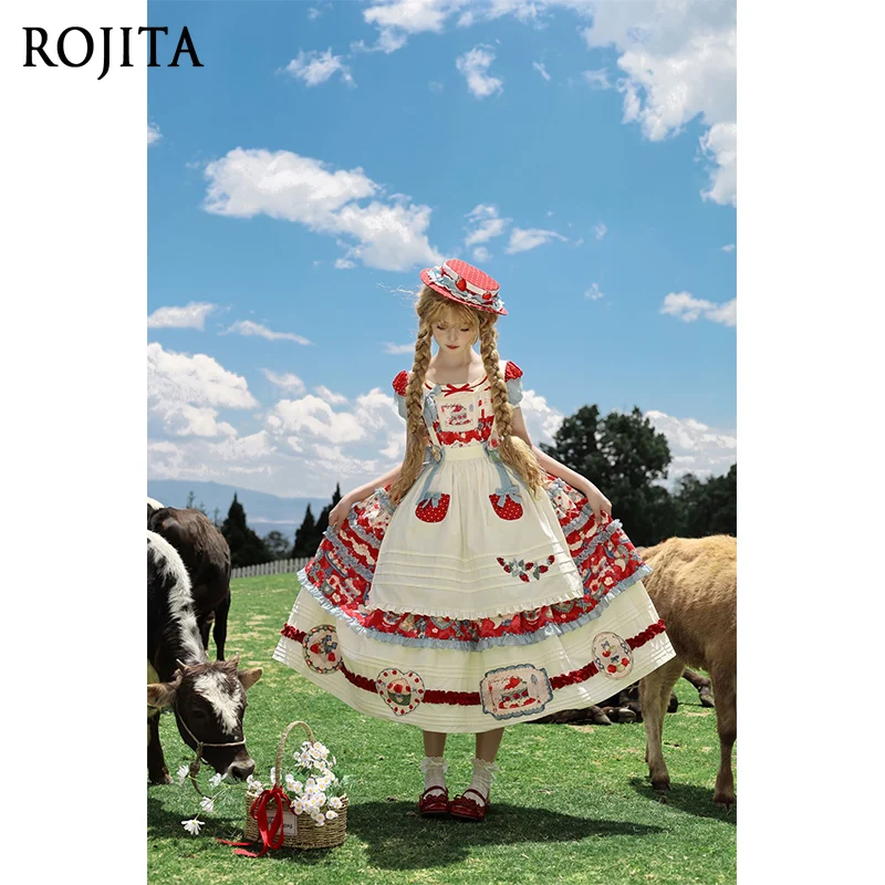 

Lolita Print Japanese Original Round Neck Puff Short Sleeve Long Princess Dress +Apron+Heart Strawberry Embroidered Brooch