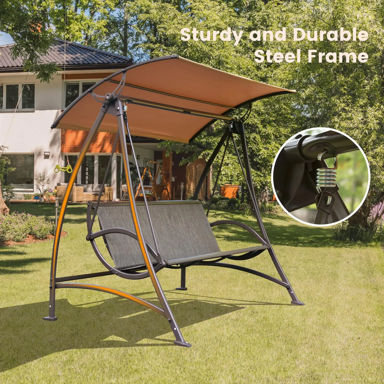 Domi Porch Patio Swing with Adjustable Canopy, 3-seat Swing with Stand, Outdoor Swings w/Armrests, Weather, Customized
